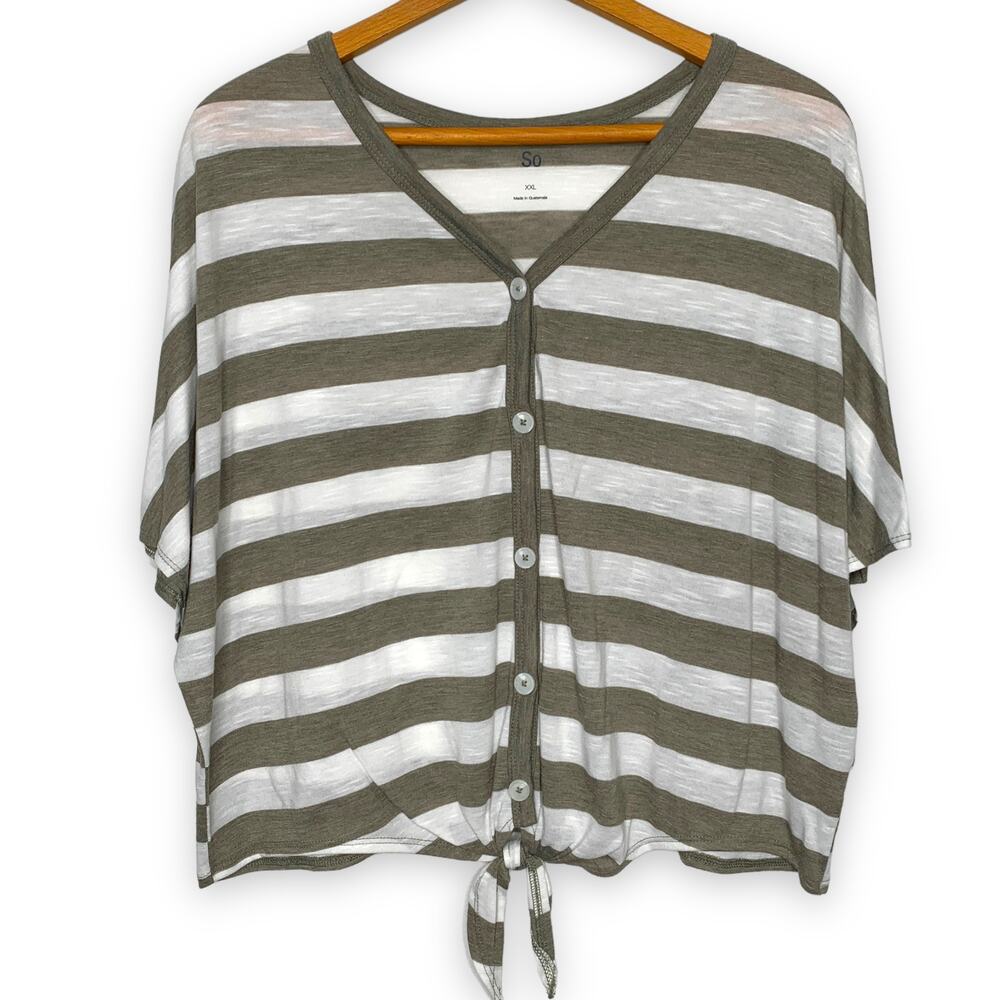 3/$20  SO Kohls women's brown striped button down tie front cropped top XXL